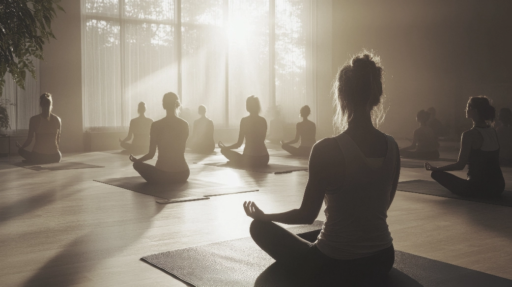 Yoga students meditating in a sunlit studio