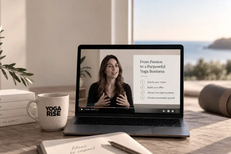 Illustrative image of a yoga professional reviewing online learning material