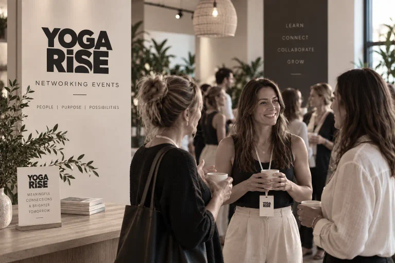 Illustrative image of yoga professionals connecting over coffee at a YogaRise event