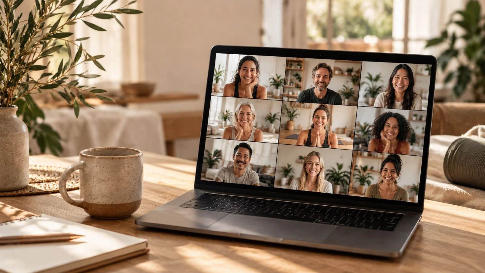 Illustrative image of yoga professionals connecting on a group video call displayed on a laptop