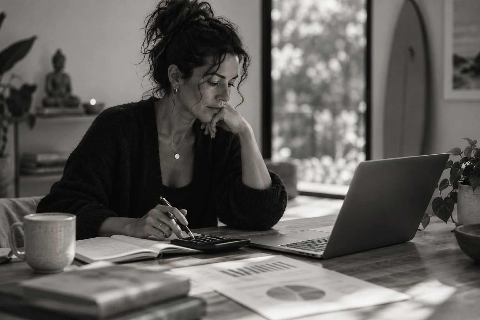 Illustration of a woman reviewing her business finances with a calculator and laptop