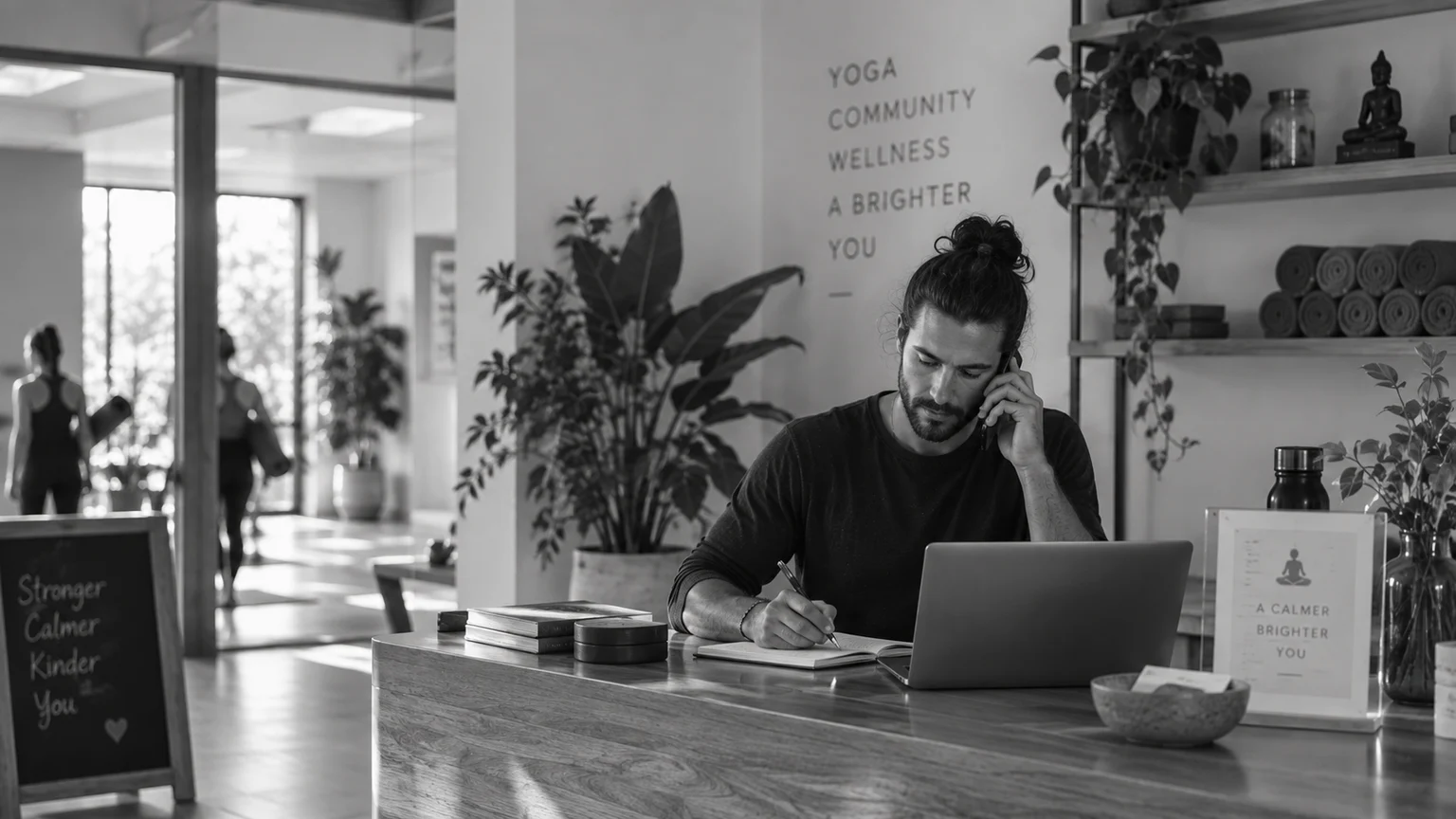 Illustration of a man working on a laptop and taking a call at a yoga studio