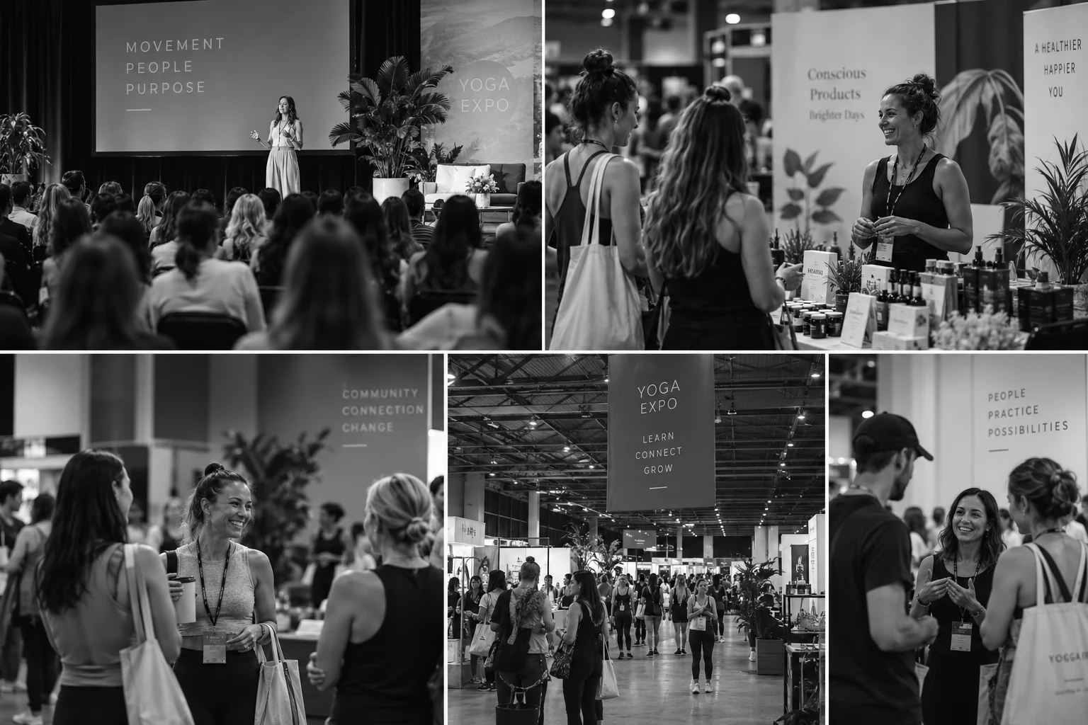 Illustrative scenes of a speaker presentation and an exhibitor conversation at a yoga industry event